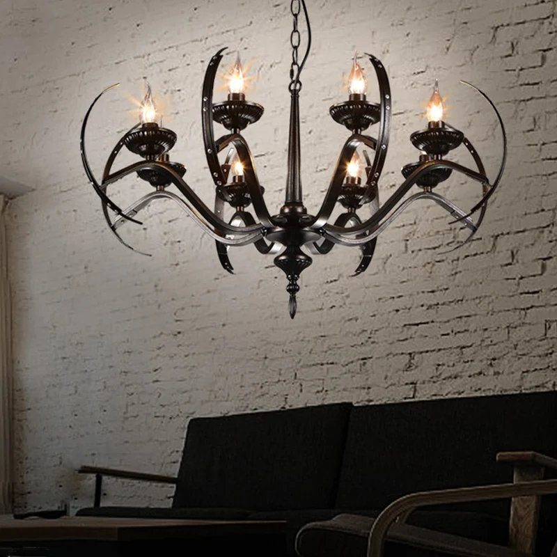 Traditionele kaarshanglamp, 8 lampen, ijzeren kroonluchterlamp met ronde arm zwart Clearhalo
