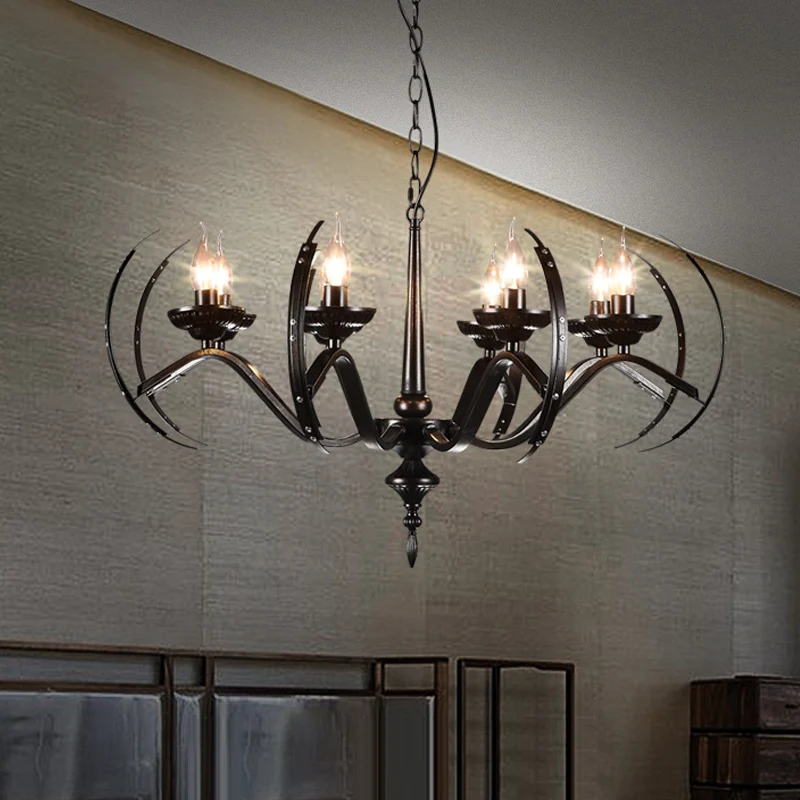 Traditionele kaarshanglamp, 8 lampen, ijzeren kroonluchterlamp met ronde arm zwart Clearhalo