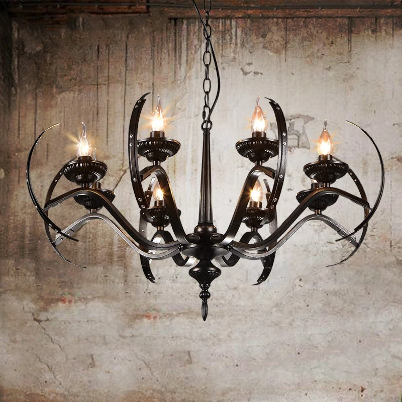 Traditionele kaarshanglamp, 8 lampen, ijzeren kroonluchterlamp met ronde arm zwart Clearhalo