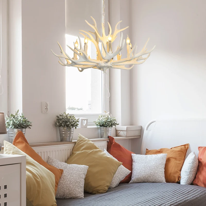 Traditionele kandelaar hangende hanger 8-lichts hars plafondkroonluchter wit voor woonkamer Clearhalo