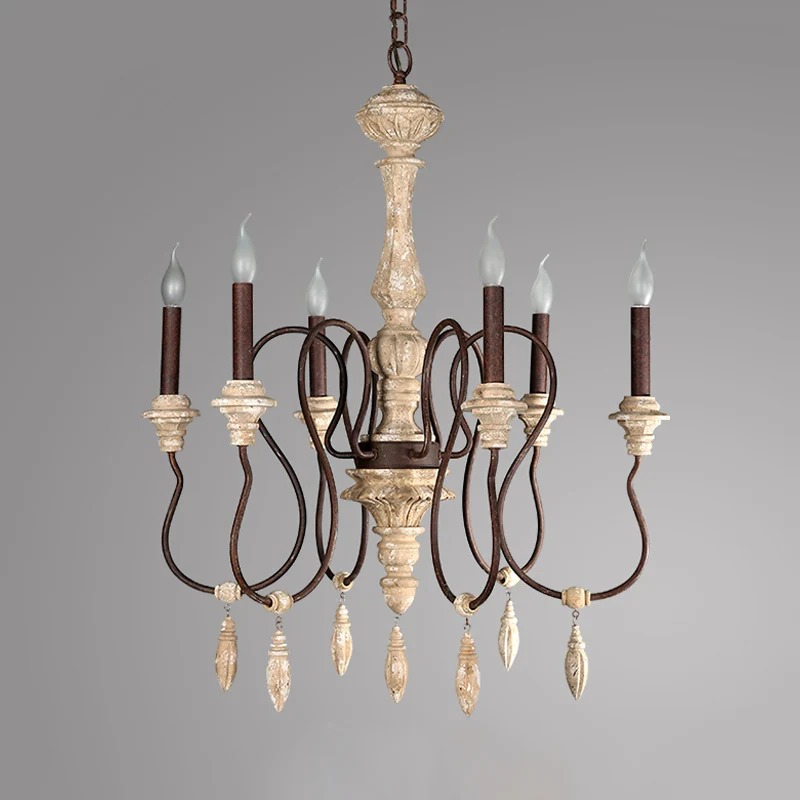 Traditionele kandelaar hangende hanglamp 6 lampen houten plafondkroonluchter ivoor voor woonkamer Clearhalo