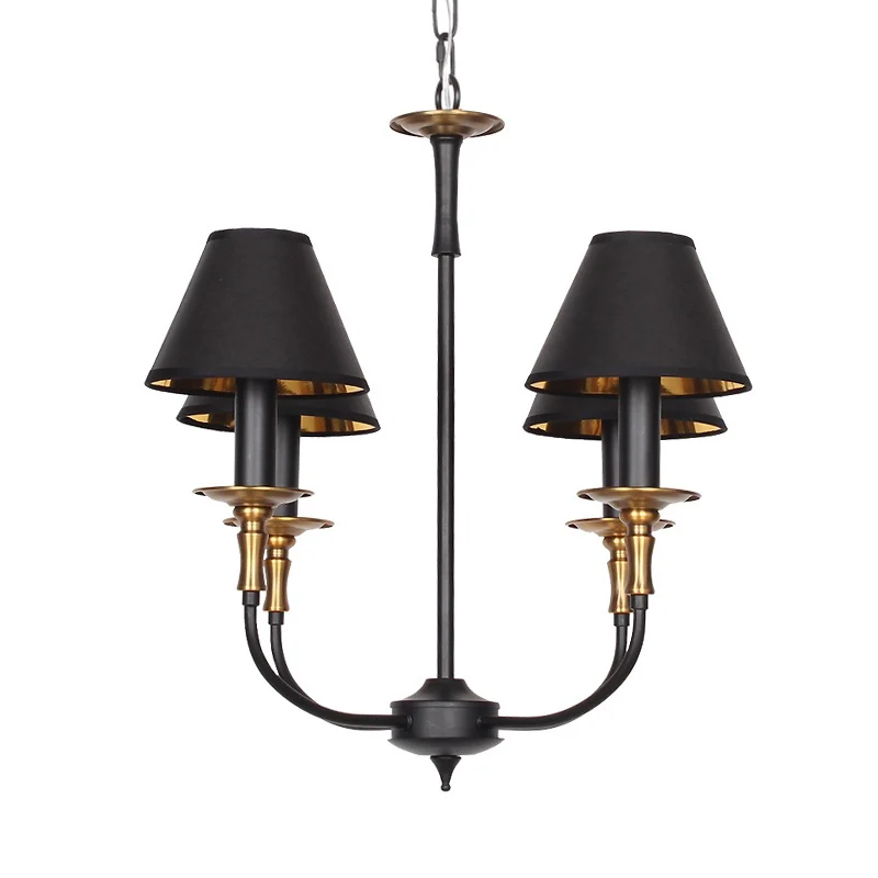 Traditionele kegelvormige kroonluchter, stoffen hangende hanger met 3/4/6 koppen zwart/chroom met neerklapbare arm Clearhalo