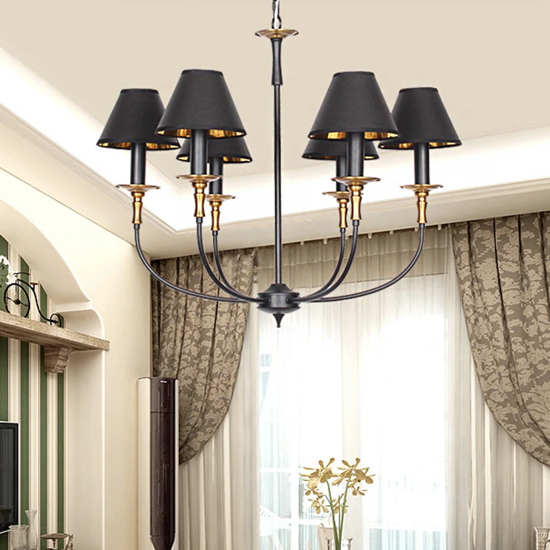 Traditionele kegelvormige kroonluchter, stoffen hangende hanger met 3/4/6 koppen zwart/chroom met neerklapbare arm Clearhalo