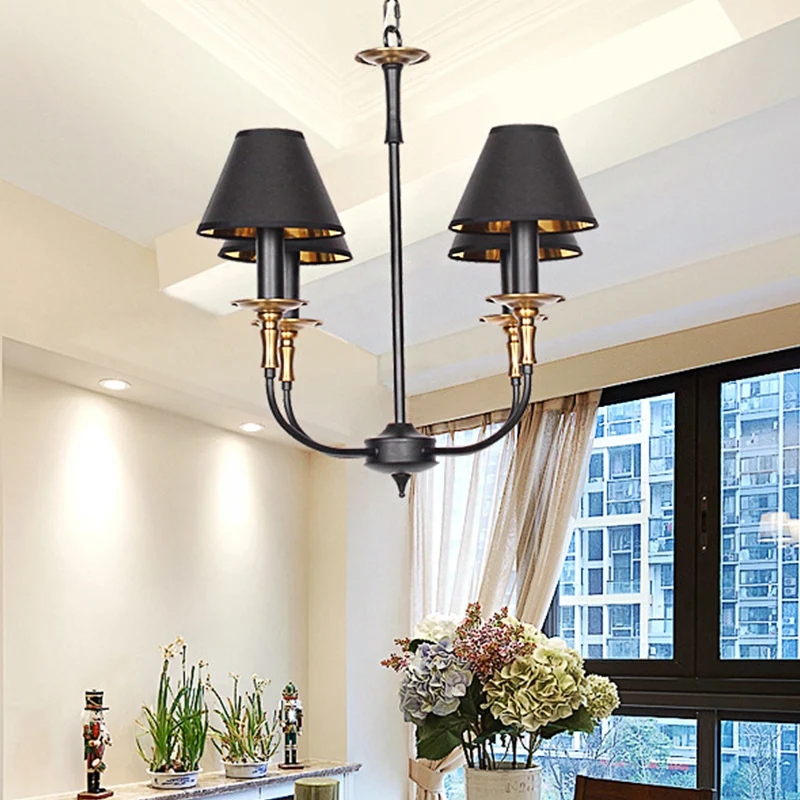 Traditionele kegelvormige kroonluchter, stoffen hangende hanger met 3/4/6 koppen zwart/chroom met neerklapbare arm Clearhalo