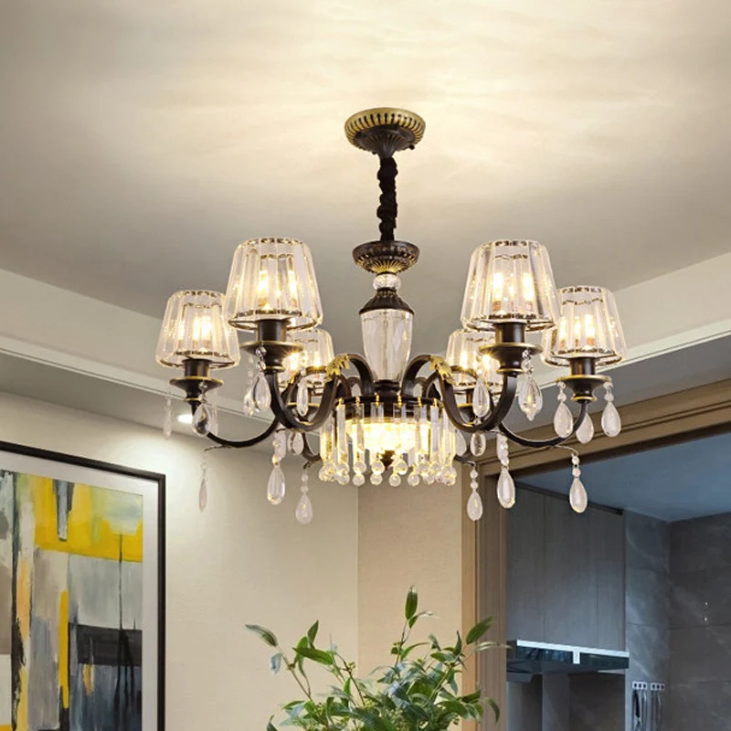 Traditionele kegelvormige verlichting 6/8 koppen Helder kristalglas kroonluchterlamp zwart met druppel Clearhalo