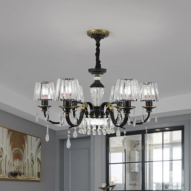 Traditionele kegelvormige verlichting 6/8 koppen Helder kristalglas kroonluchterlamp zwart met druppel Clearhalo