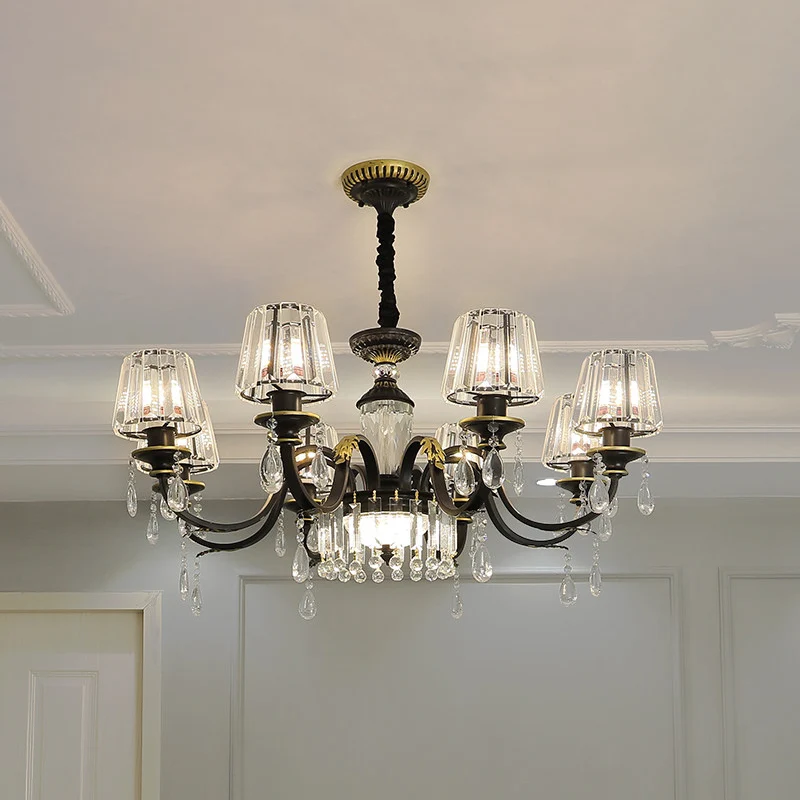 Traditionele kegelvormige verlichting 6/8 koppen Helder kristalglas kroonluchterlamp zwart met druppel Clearhalo