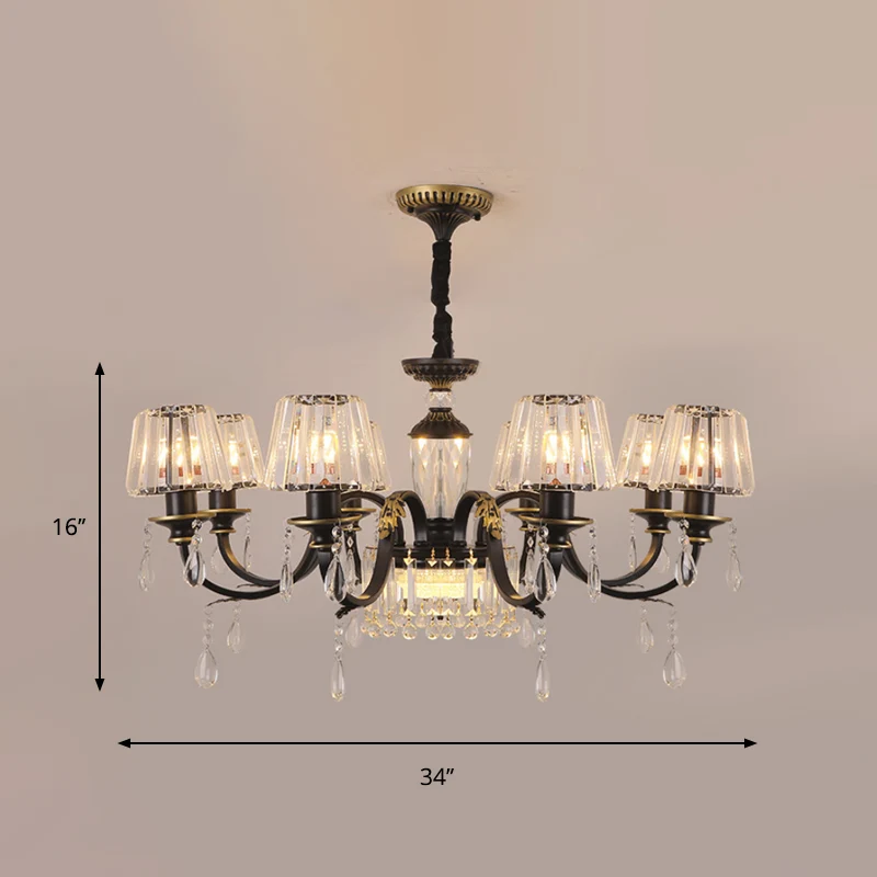 Traditionele kegelvormige verlichting 6/8 koppen Helder kristalglas kroonluchterlamp zwart met druppel Clearhalo