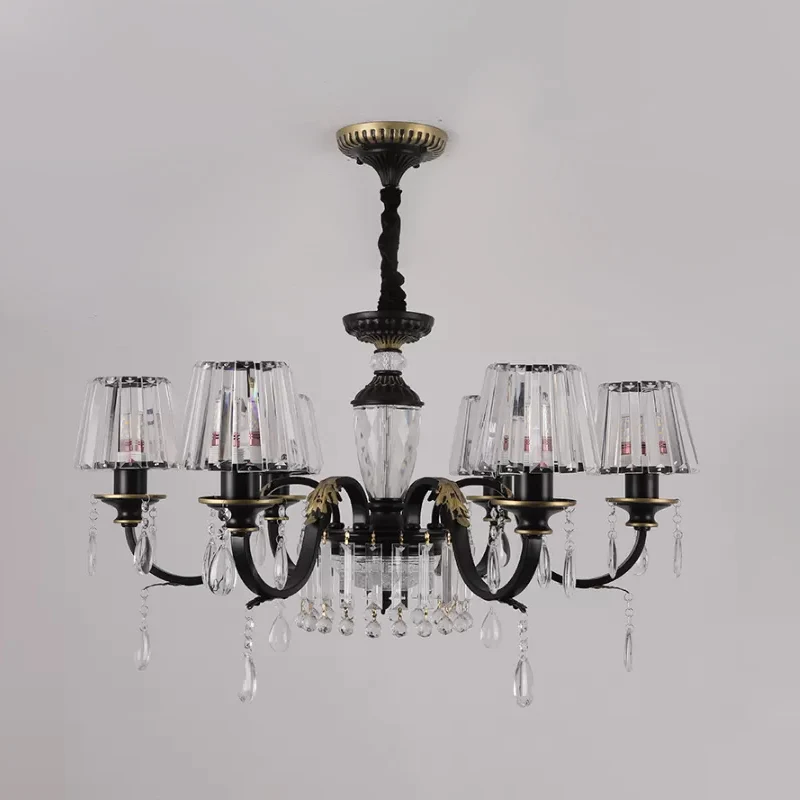 Traditionele kegelvormige verlichting 6/8 koppen Helder kristalglas kroonluchterlamp zwart met druppel Clearhalo