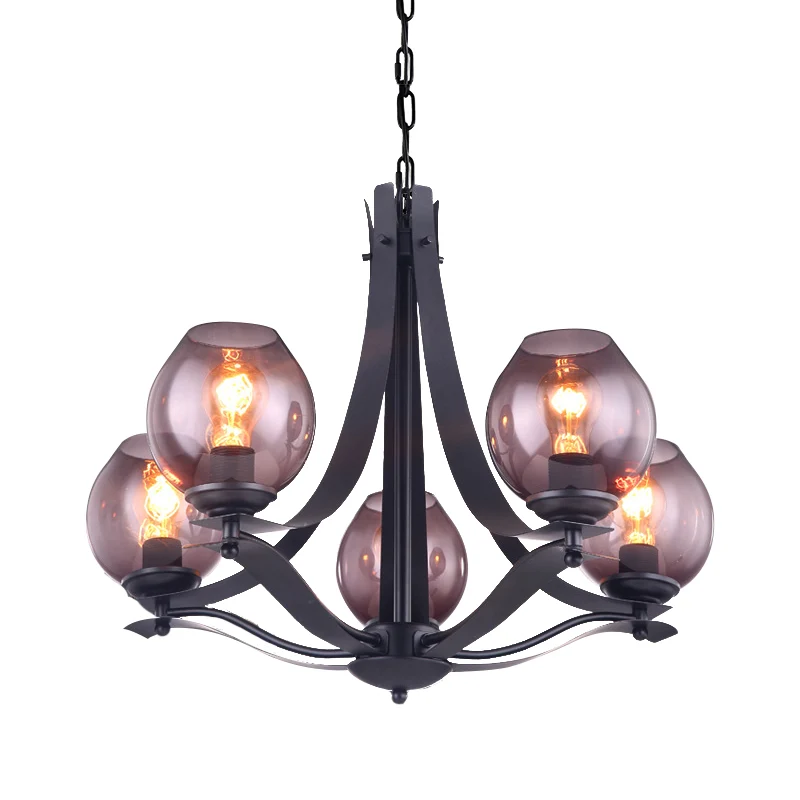 Traditionele komvormige hangende verlichting 5-kops grijze glazen kroonluchter hanglamp zwart Clearhalo