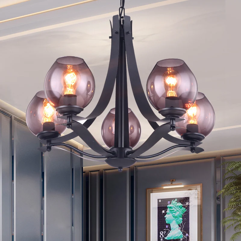 Traditionele komvormige hangende verlichting 5-kops grijze glazen kroonluchter hanglamp zwart Clearhalo
