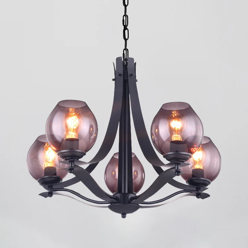 Traditionele komvormige hangende verlichting 5-kops grijze glazen kroonluchter hanglamp zwart Clearhalo