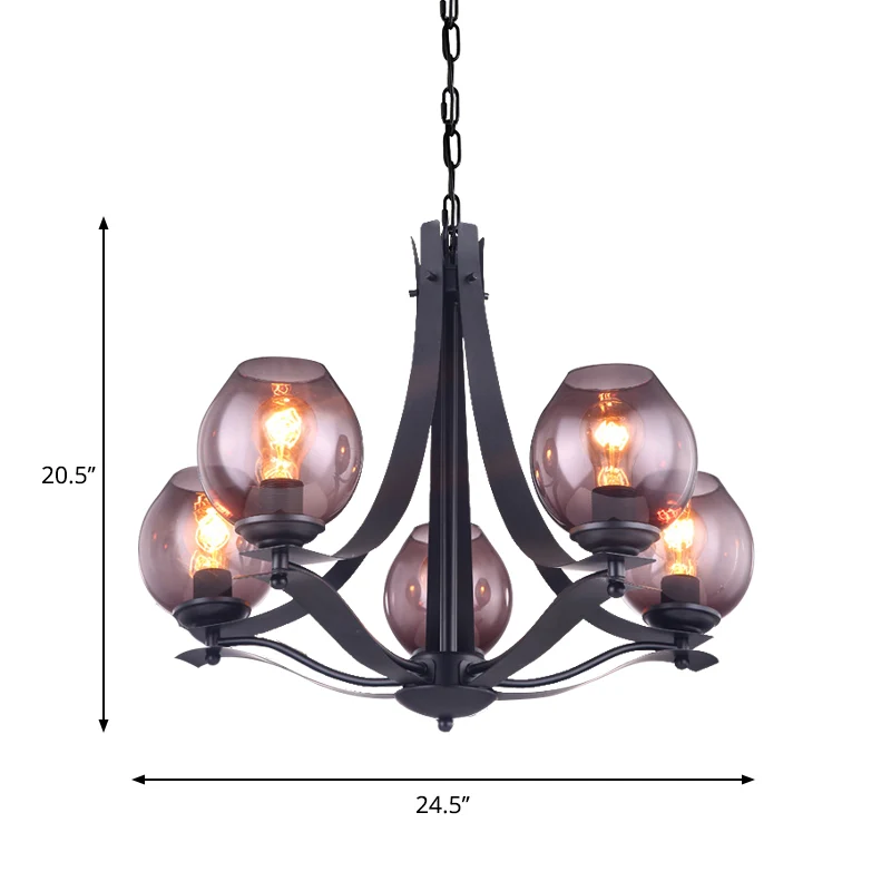 Traditionele komvormige hangende verlichting 5-kops grijze glazen kroonluchter hanglamp zwart Clearhalo
