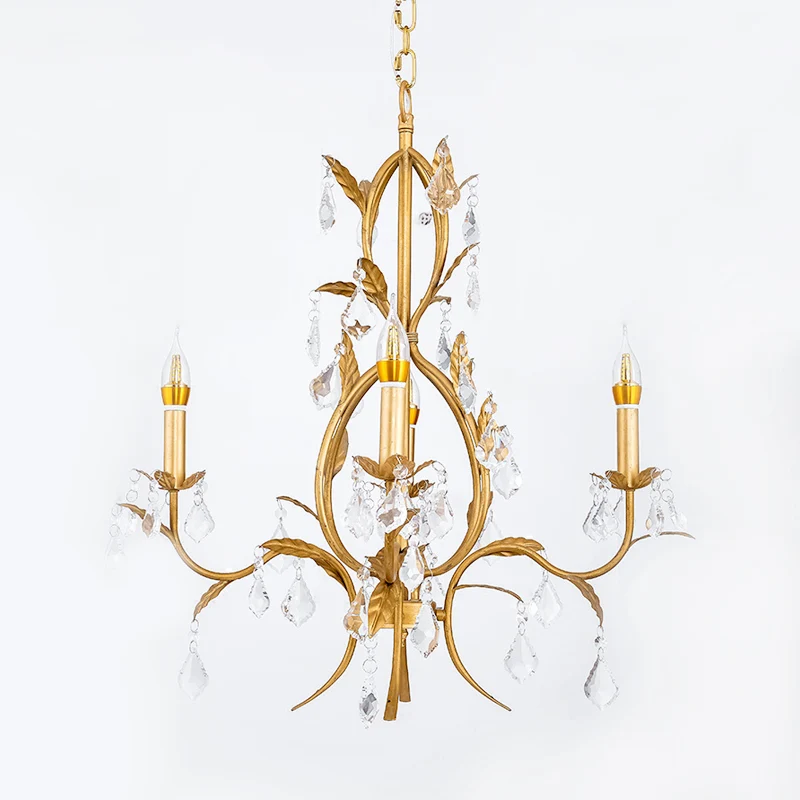 Traditionele kroonluchter met gouden arm, 4 lampen, hangend plafondlicht van metaal en kristal Clearhalo