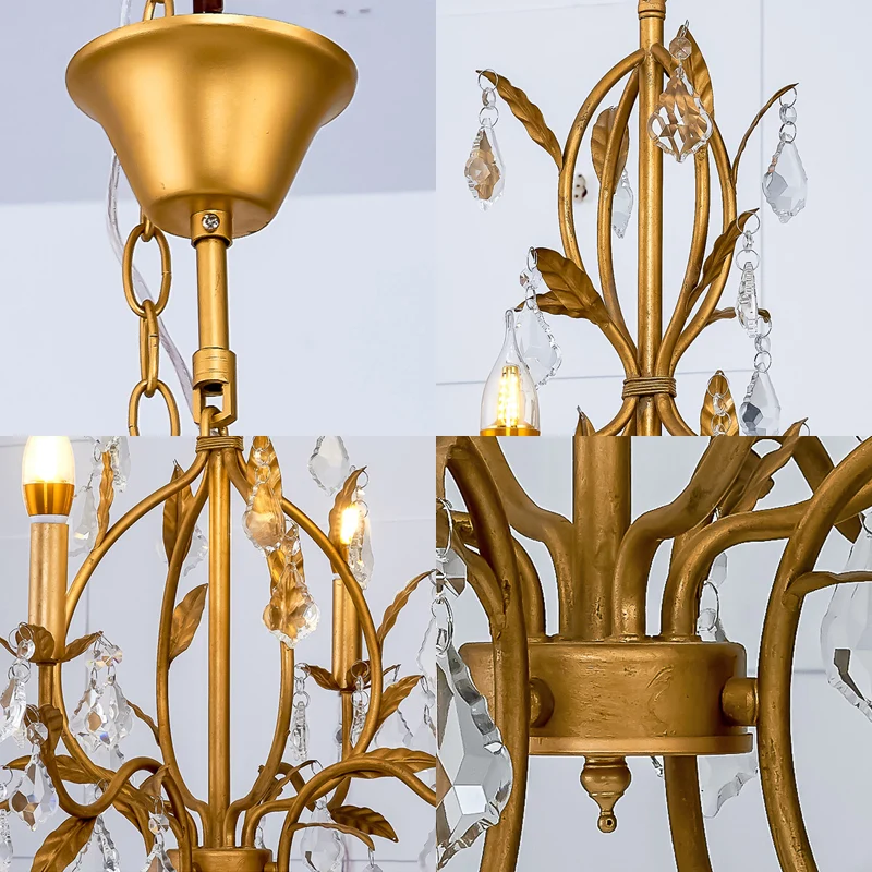 Traditionele kroonluchter met gouden arm, 4 lampen, hangend plafondlicht van metaal en kristal Clearhalo