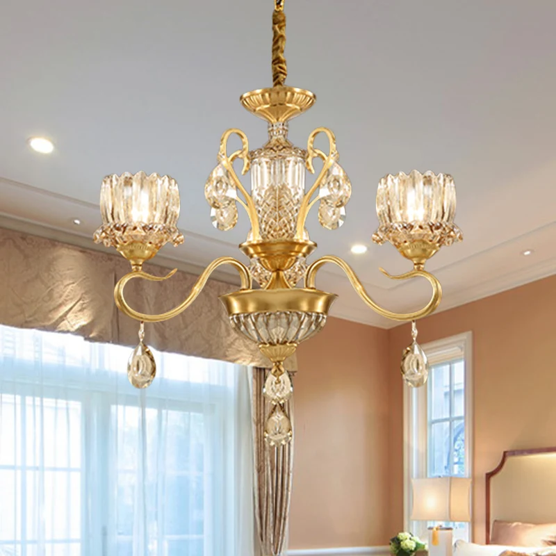 Traditionele Lotus hangende kroonluchter, 3/5-lichts helder kristalglazen plafondhanglamp messing Clearhalo