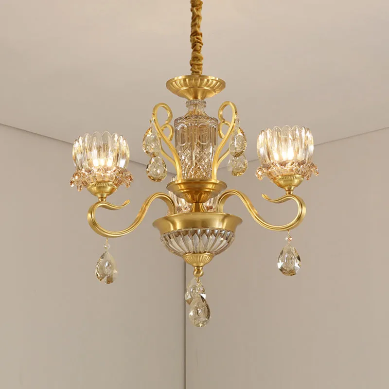 Traditionele Lotus hangende kroonluchter, 3/5-lichts helder kristalglazen plafondhanglamp messing Clearhalo