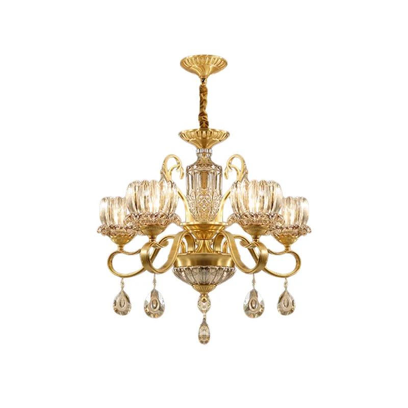 Traditionele Lotus hangende kroonluchter, 3/5-lichts helder kristalglazen plafondhanglamp messing Clearhalo