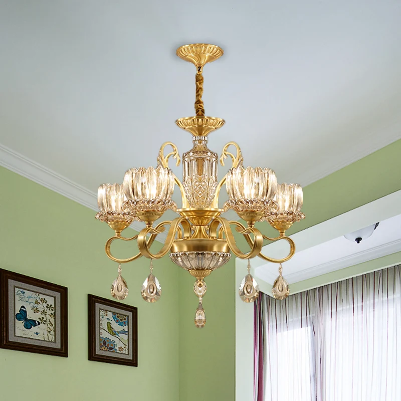 Traditionele Lotus hangende kroonluchter, 3/5-lichts helder kristalglazen plafondhanglamp messing Clearhalo