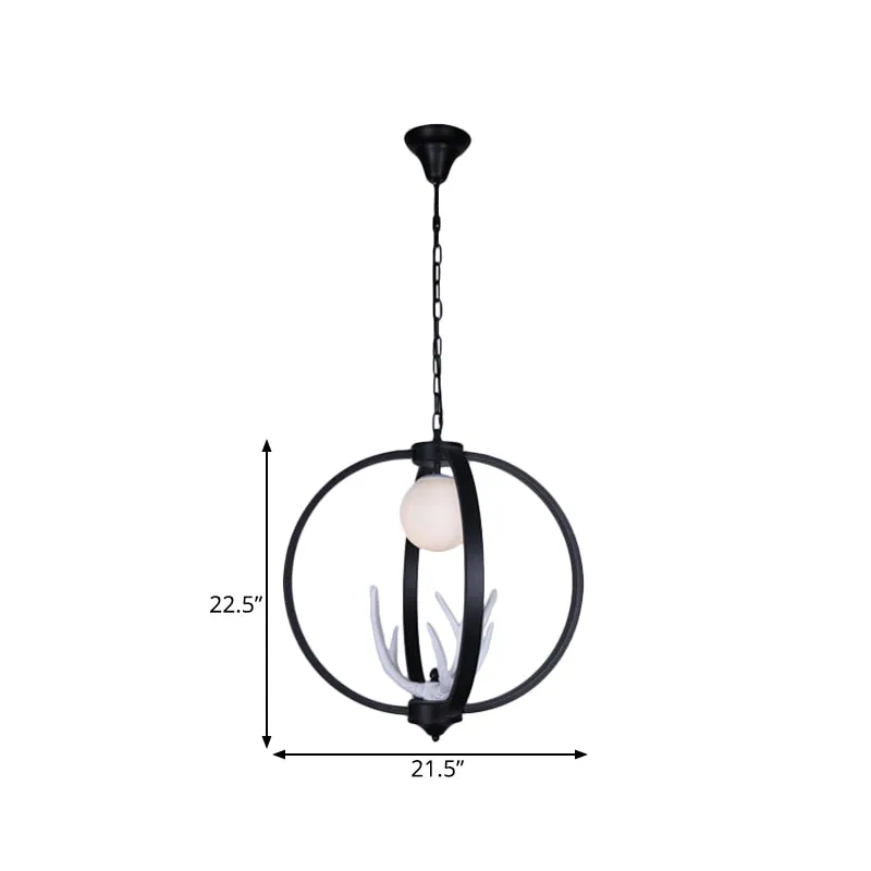 Traditionele Orb-hanglamp, metalen kroonluchter met enkele lamp en witte glazen kap zwart Clearhalo