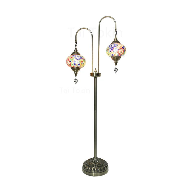 Traditionele ovale vloerleeslamp met 2 lampen, handgemaakte glazen staande lamp wit/blauw/blauw en geel Clearhalo
