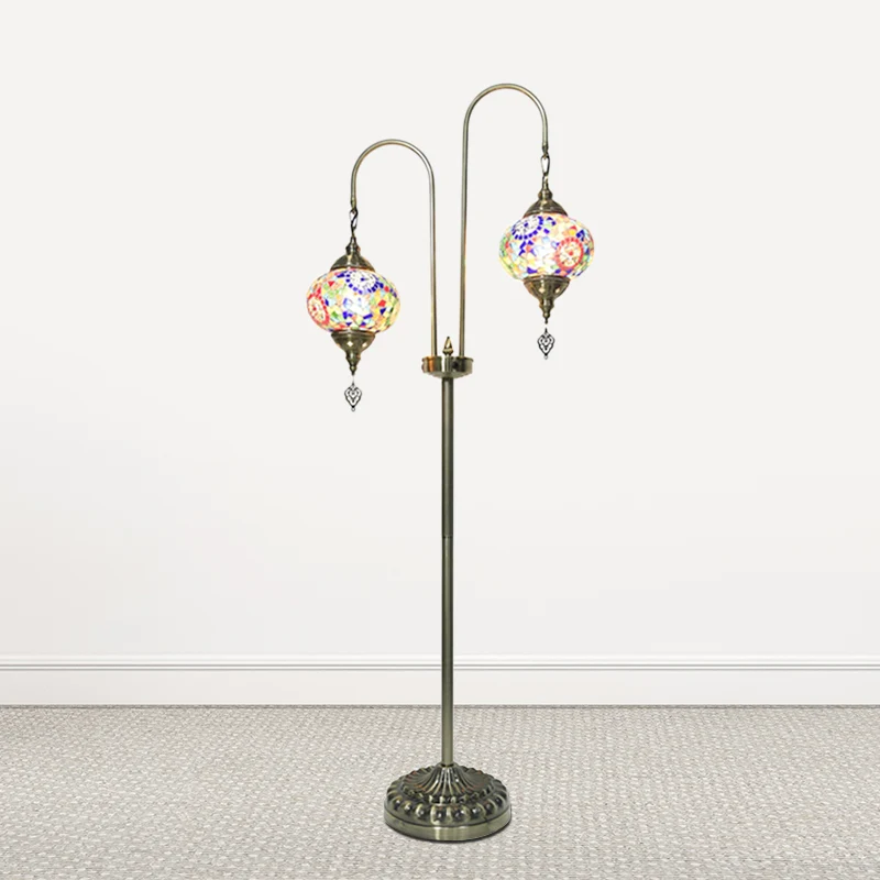 Traditionele ovale vloerleeslamp met 2 lampen, handgemaakte glazen staande lamp wit/blauw/blauw en geel Clearhalo
