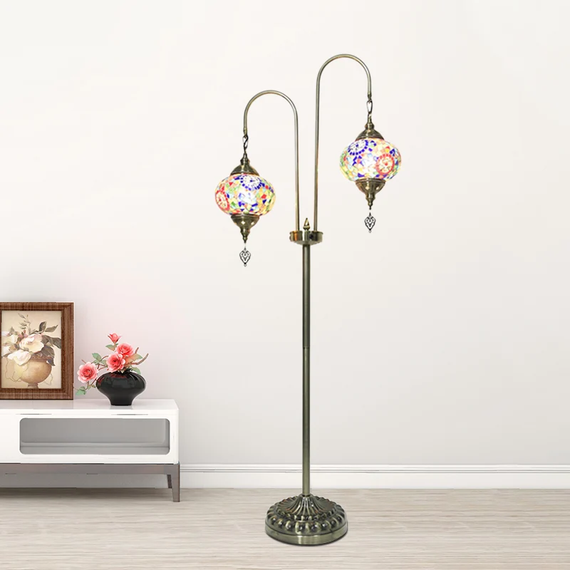 Traditionele ovale vloerleeslamp met 2 lampen, handgemaakte glazen staande lamp wit/blauw/blauw en geel Clearhalo
