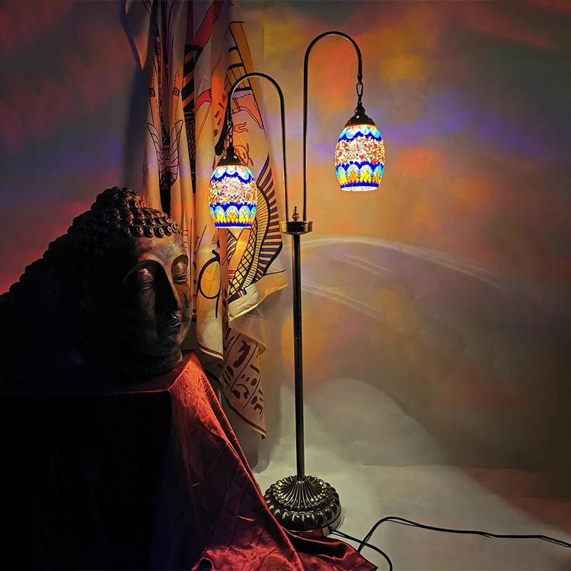 Traditionele ovale vloerleeslamp met 2 lampen, handgemaakte glazen staande lamp wit/blauw/blauw en geel Clearhalo
