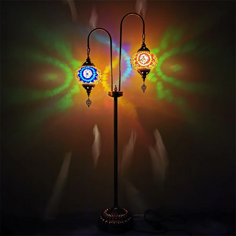 Traditionele ovale vloerleeslamp met 2 lampen, handgemaakte glazen staande lamp wit/blauw/blauw en geel Clearhalo