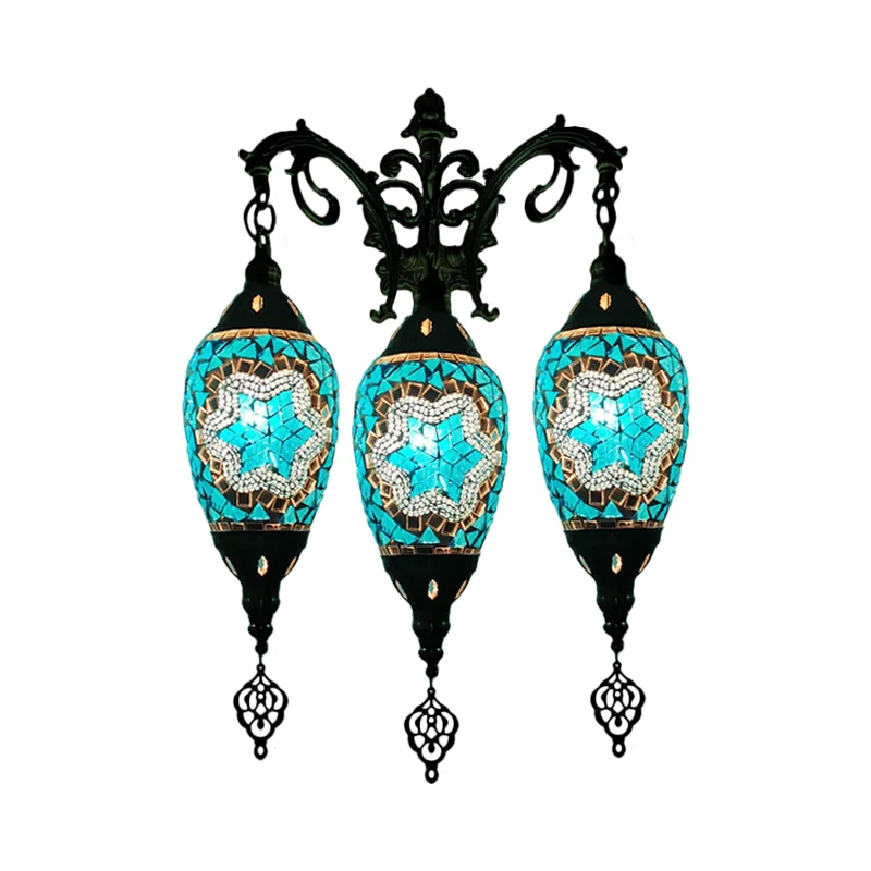 Traditionele ovale wandlamp met 3 koppen gekleurd kunstglas schanslicht wit/rood/lichtblauw Clearhalo
