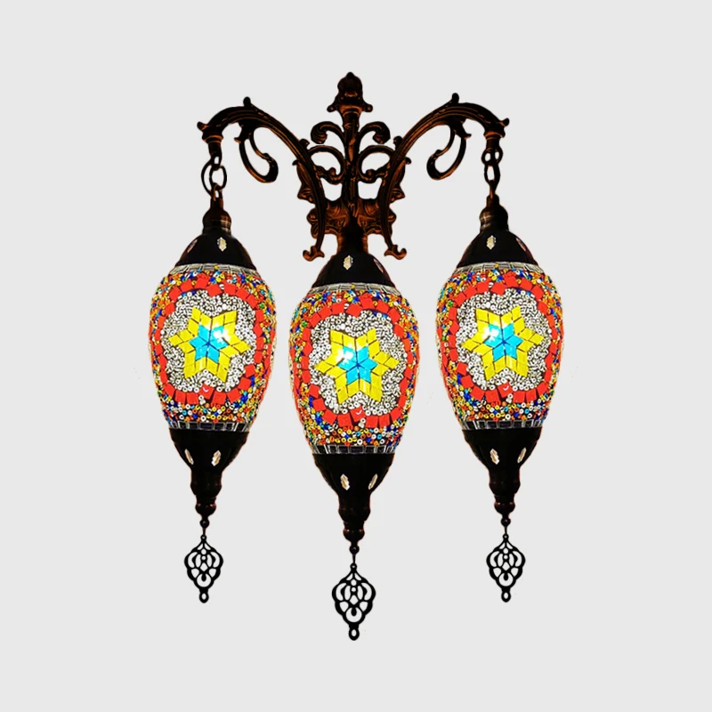 Traditionele ovale wandlamp met 3 koppen gekleurd kunstglas schanslicht wit/rood/lichtblauw Clearhalo