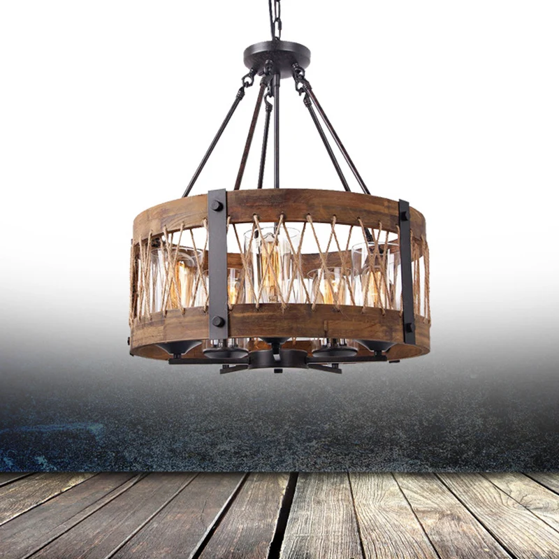 Traditionele trommelvormige hanglamp met 5 lampen, houten kroonluchterlamp bruin Clearhalo