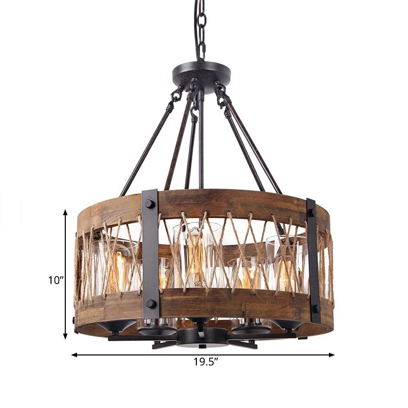 Traditionele trommelvormige hanglamp met 5 lampen, houten kroonluchterlamp bruin Clearhalo
