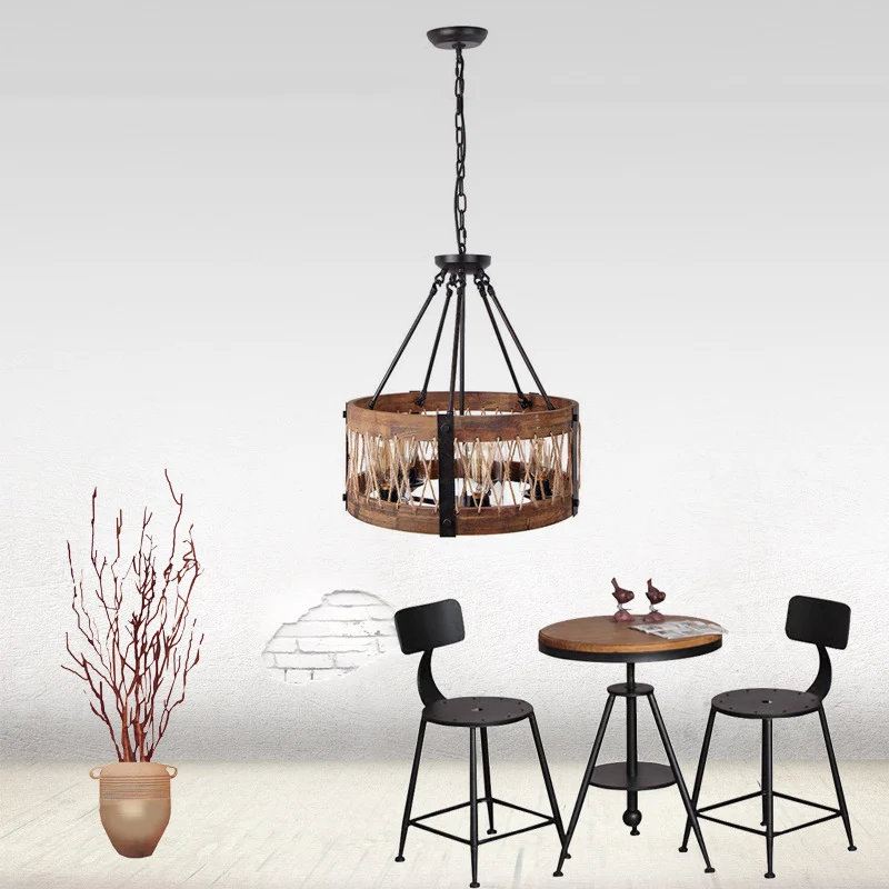 Traditionele trommelvormige hanglamp met 5 lampen, houten kroonluchterlamp bruin Clearhalo