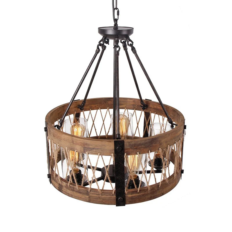 Traditionele trommelvormige hanglamp met 5 lampen, houten kroonluchterlamp bruin Clearhalo