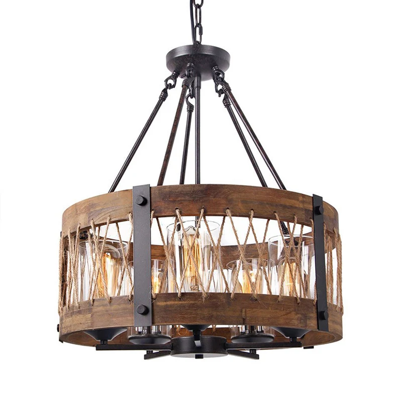 Traditionele trommelvormige hanglamp met 5 lampen, houten kroonluchterlamp bruin Clearhalo