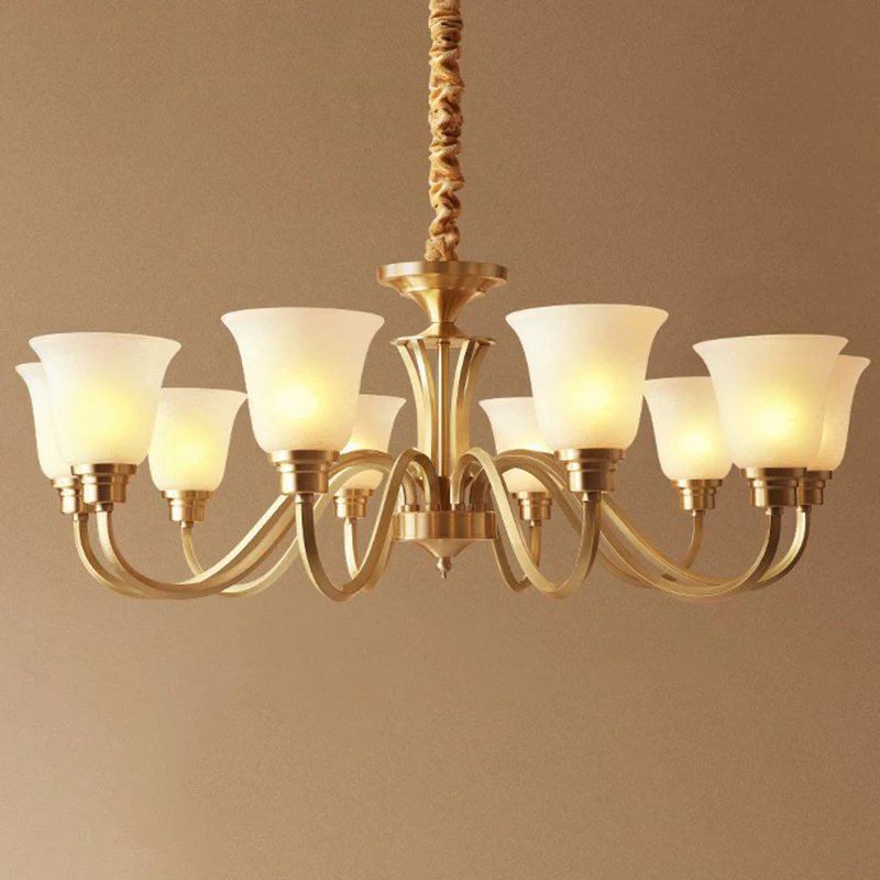 Traditionele uitlopende kroonluchter, semi-ondoorzichtige glazen hanglamp messing Clearhalo