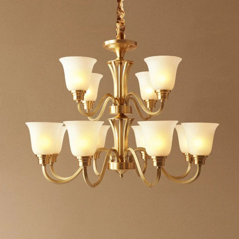 Traditionele uitlopende kroonluchter, semi-ondoorzichtige glazen hanglamp messing Clearhalo