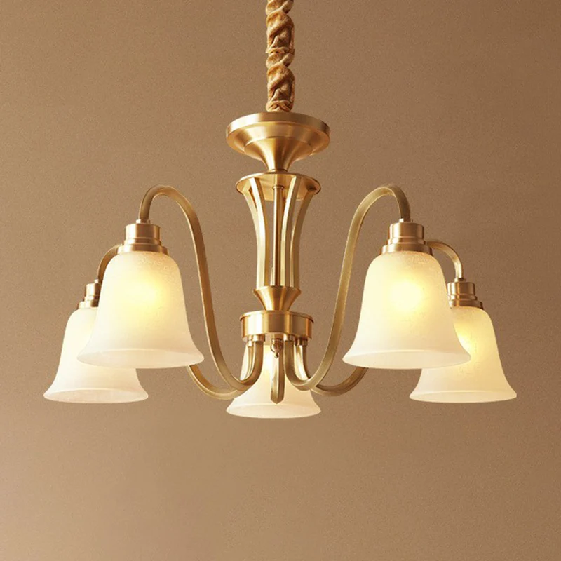 Traditionele uitlopende kroonluchter, semi-ondoorzichtige glazen hanglamp messing Clearhalo