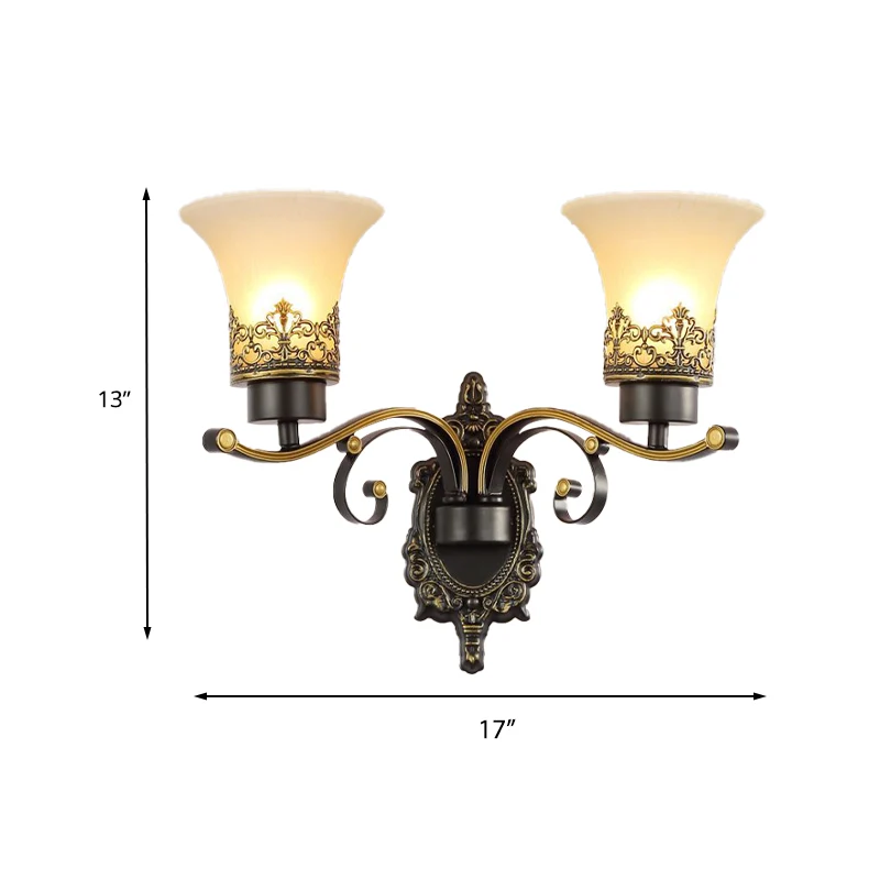 Traditionele uitlopende wandlamp 1/2-licht matglazen kap wandkandelaar licht zwart voor woonkamer Clearhalo