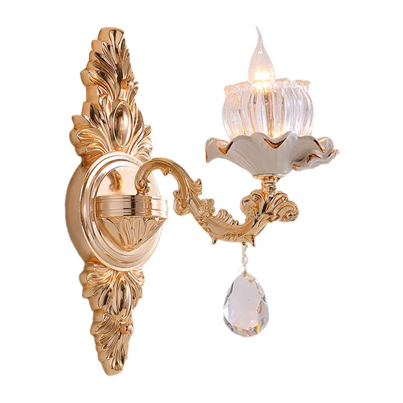 Traditionele wandmontagelamp met ruches, 1/2 kop, helder geribbeld glas, schansverlichting met gesneden arm goud Clearhalo