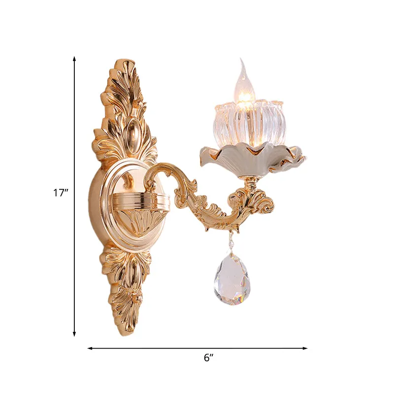 Traditionele wandmontagelamp met ruches, 1/2 kop, helder geribbeld glas, schansverlichting met gesneden arm goud Clearhalo