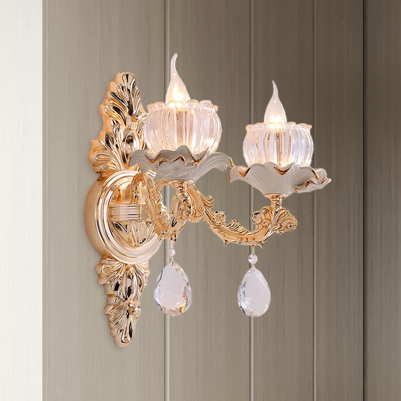 Traditionele wandmontagelamp met ruches, 1/2 kop, helder geribbeld glas, schansverlichting met gesneden arm goud Clearhalo