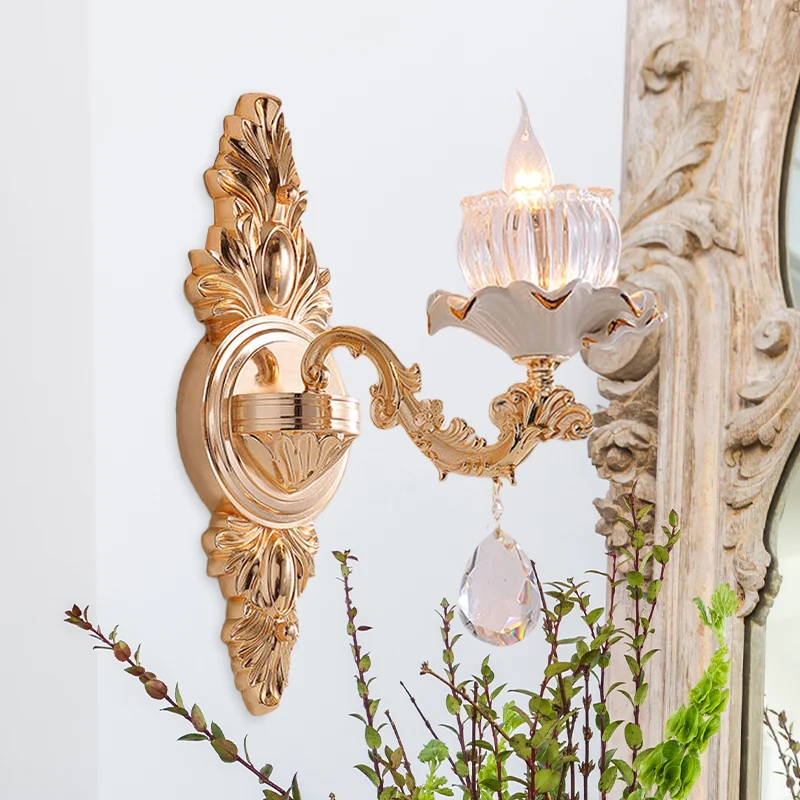 Traditionele wandmontagelamp met ruches, 1/2 kop, helder geribbeld glas, schansverlichting met gesneden arm goud Clearhalo
