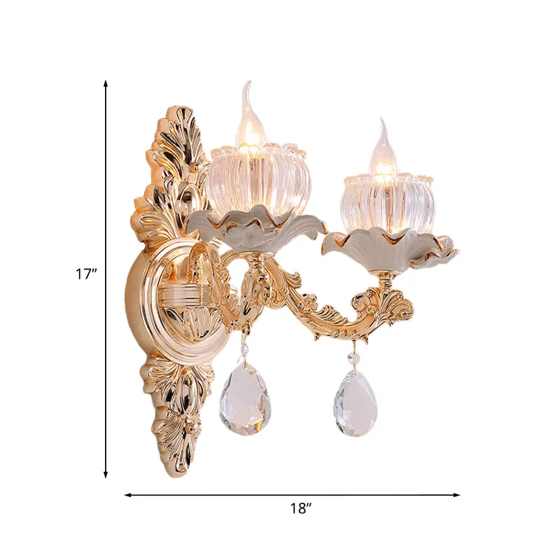 Traditionele wandmontagelamp met ruches, 1/2 kop, helder geribbeld glas, schansverlichting met gesneden arm goud Clearhalo