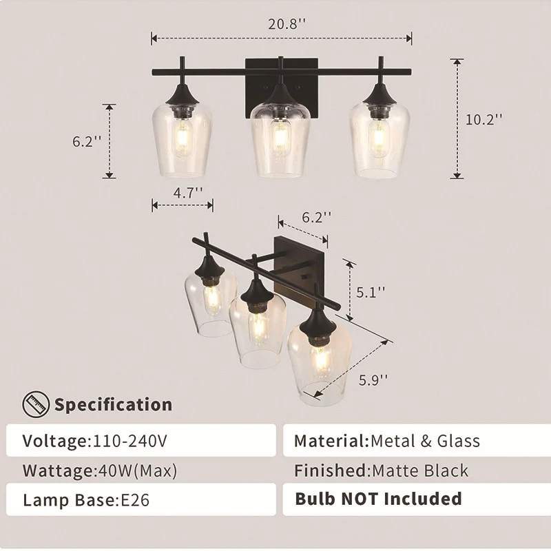 Transparante glazen bekervorm make-upspiegelverlichting Industriële stijl ijdelheidsarmaturen voor badkamer Clearhalo