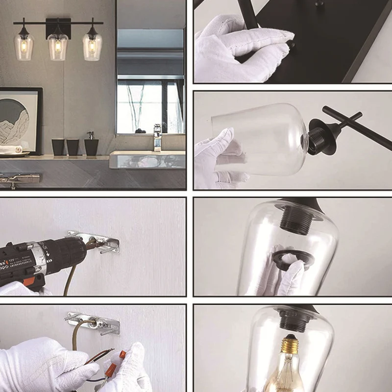 Transparante glazen bekervorm make-upspiegelverlichting Industriële stijl ijdelheidsarmaturen voor badkamer Clearhalo