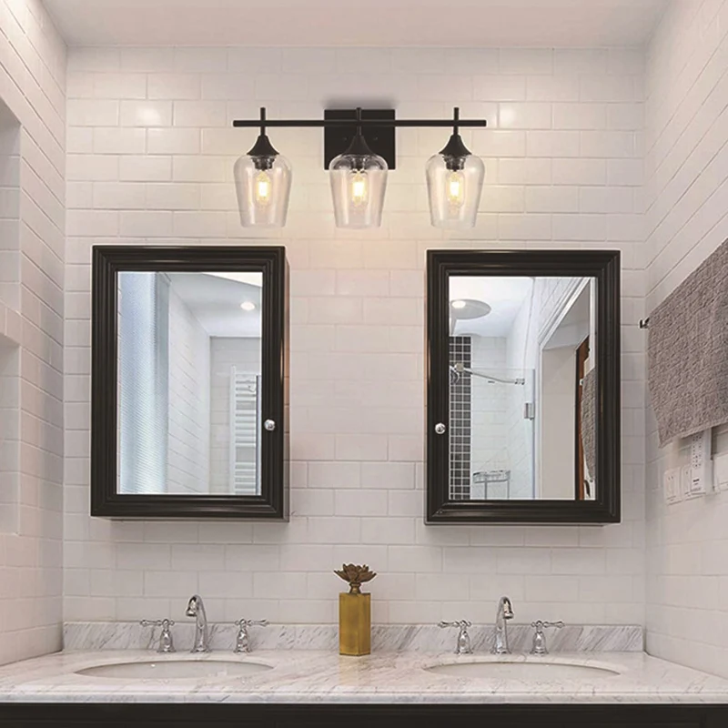 Transparante glazen bekervorm make-upspiegelverlichting Industriële stijl ijdelheidsarmaturen voor badkamer Clearhalo
