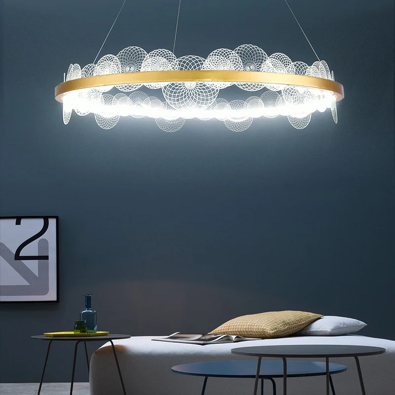 Transparante hanglamp vlokken, retro stijlvolle acryl LED-kroonluchter met gouden ring Clearhalo