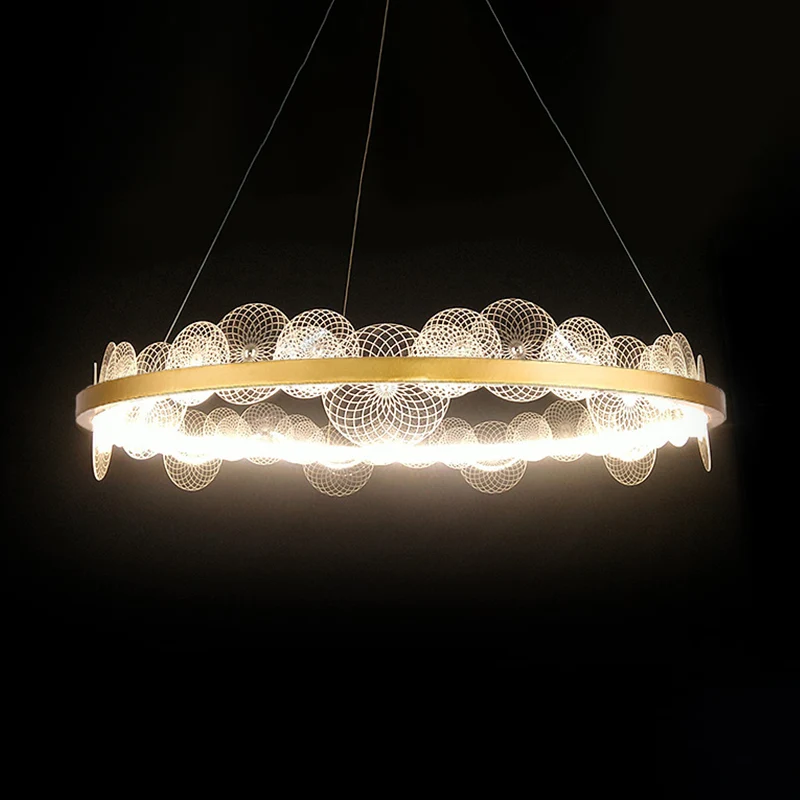 Transparante hanglamp vlokken, retro stijlvolle acryl LED-kroonluchter met gouden ring Clearhalo